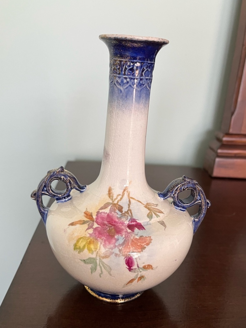 Blue-Trim Floral Porcelain Vase with Ornate Handles
